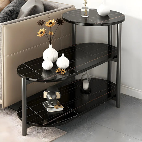 3 Tiers Oval Black Wood Storage Side Table with Iron Base Image - 1