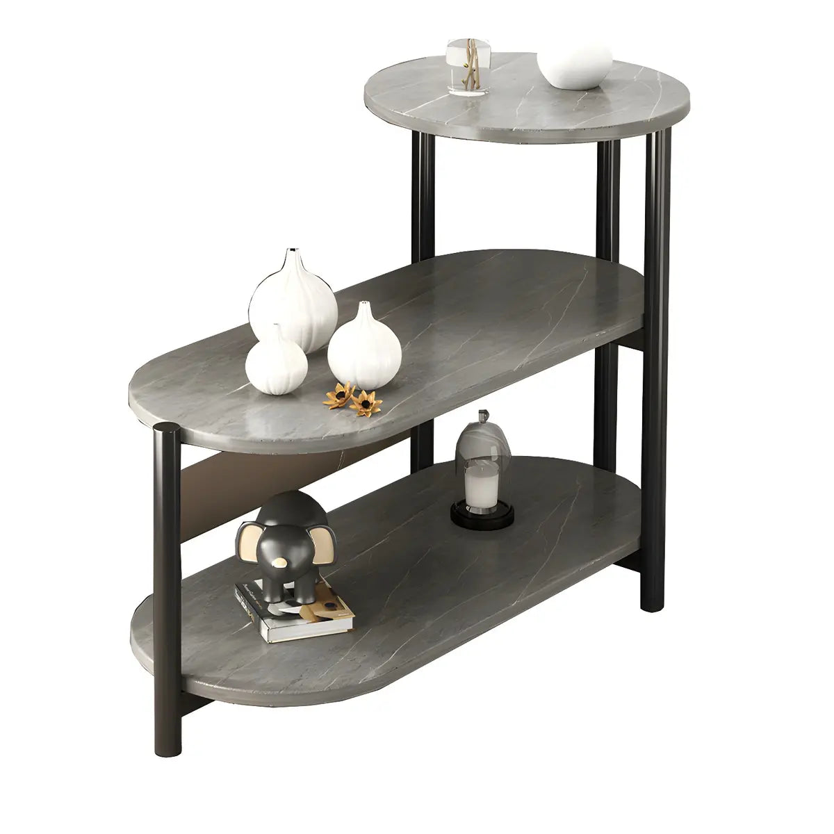 3 Tiers Oval Black Wood Storage Side Table with Iron Base Image - 10