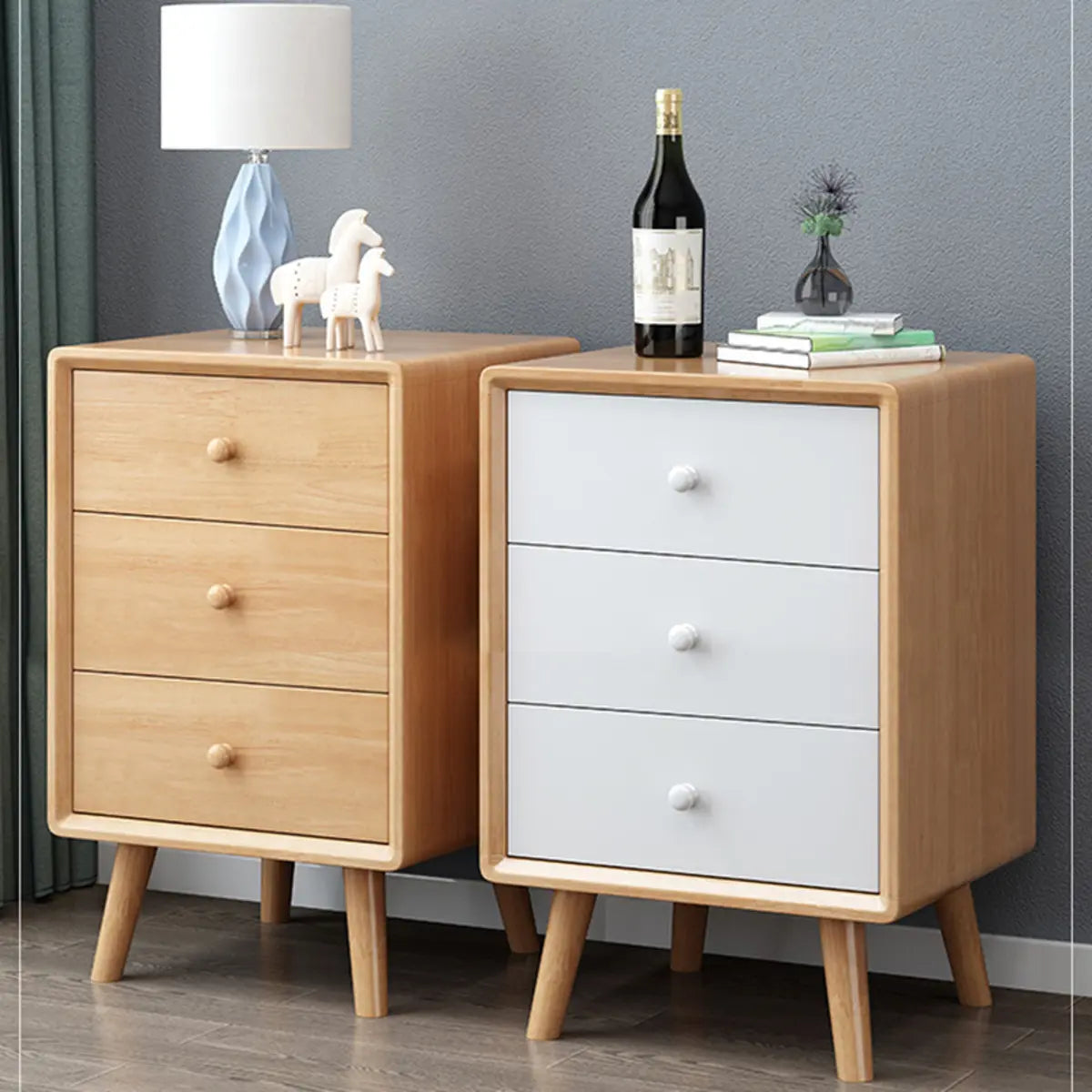 3 Tiers Simple Solid Wood Natural Nightstand with Legs Image - 16