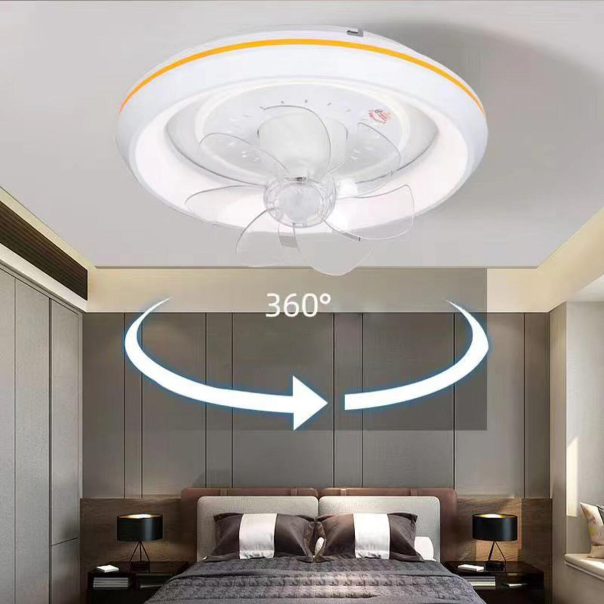 360° Rotating White Remote Round Ceiling Fan Light Image - 1