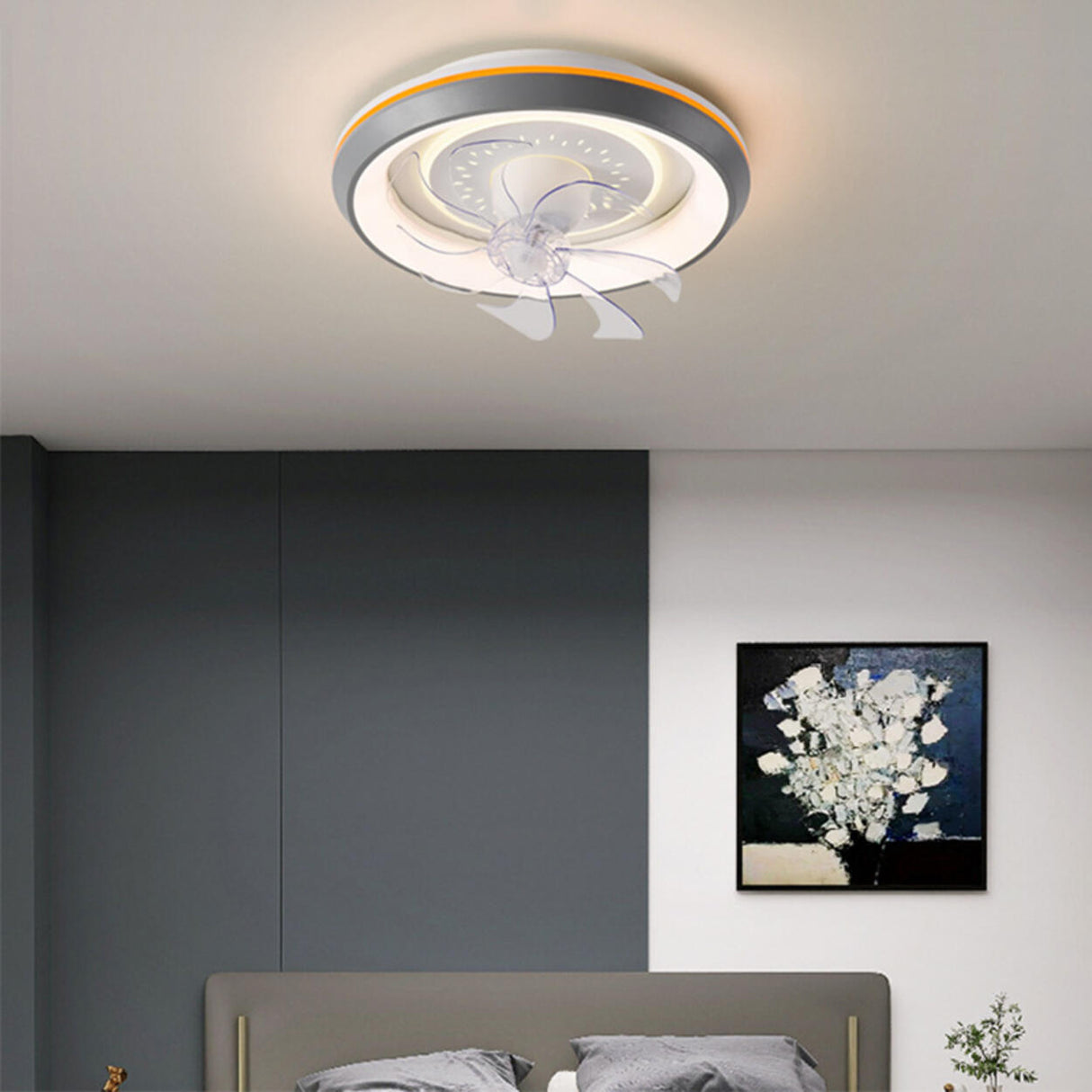 360° Rotating White Remote Round Ceiling Fan Light Image - 14