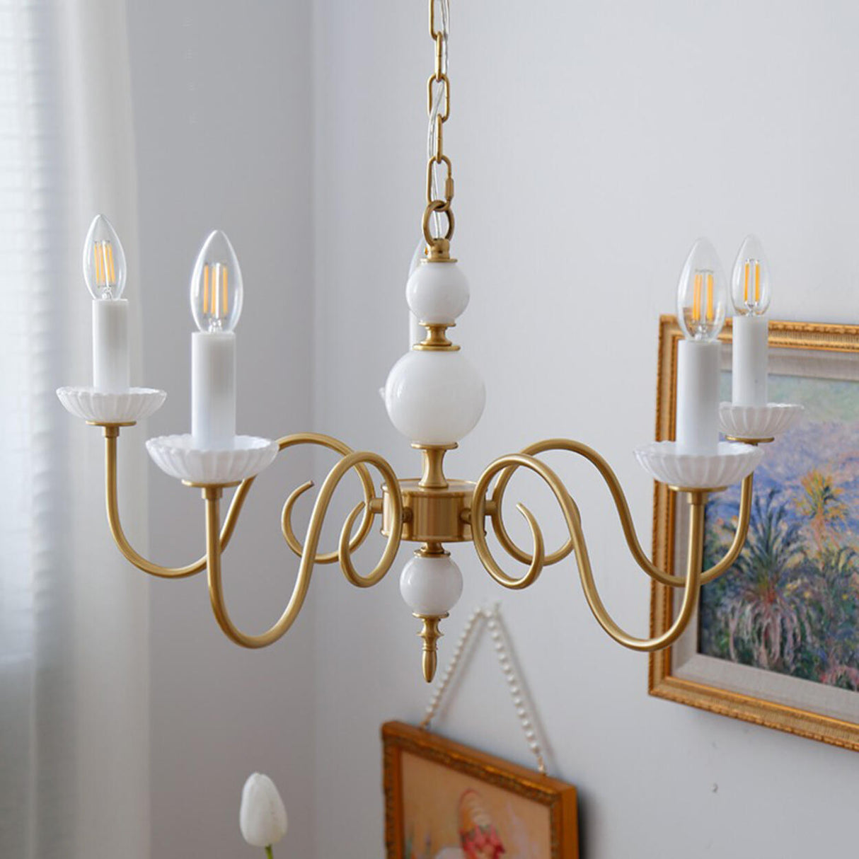 4-Light Classic Brass Chain Candle Chandelier Image - 3