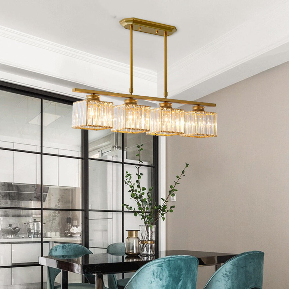 4-Light Elegant Crystal Square Island Pendant Light Image - 1