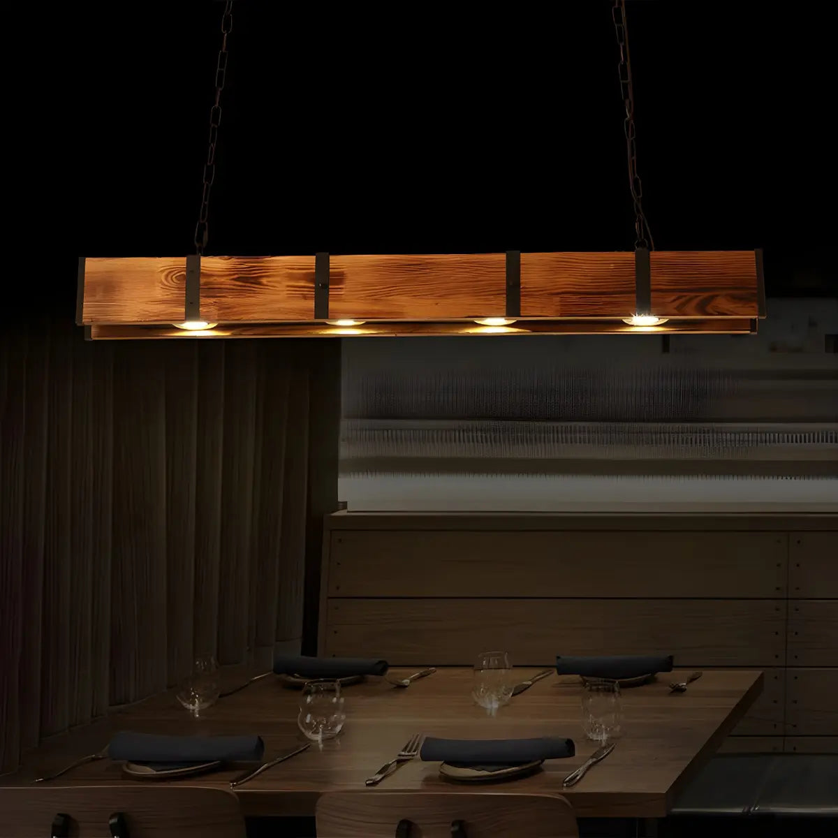 4-Light Industrial Brown Rectangle Wood Island Ceiling Light Image - 2