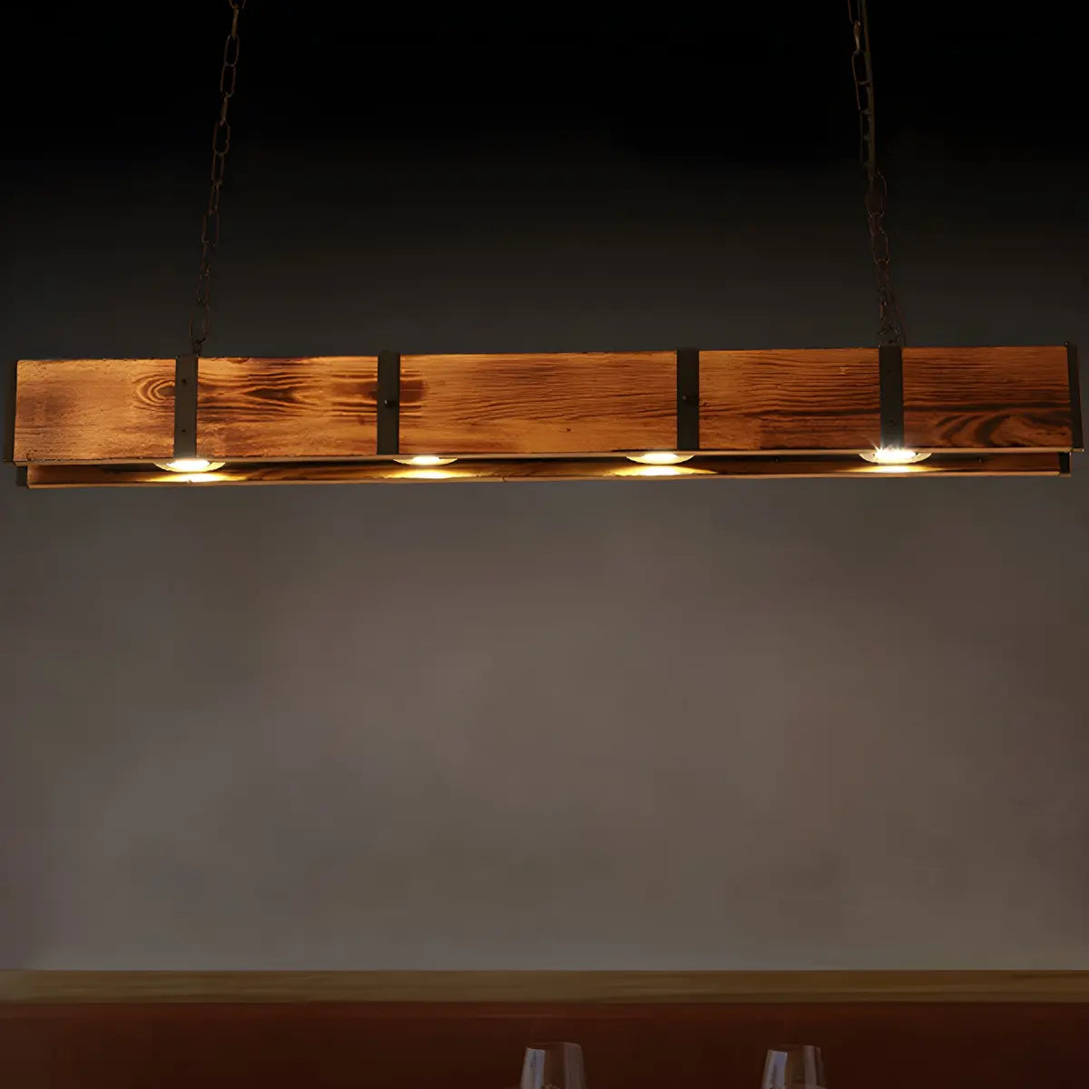 4-Light Industrial Brown Rectangle Wood Island Ceiling Light Image - 3