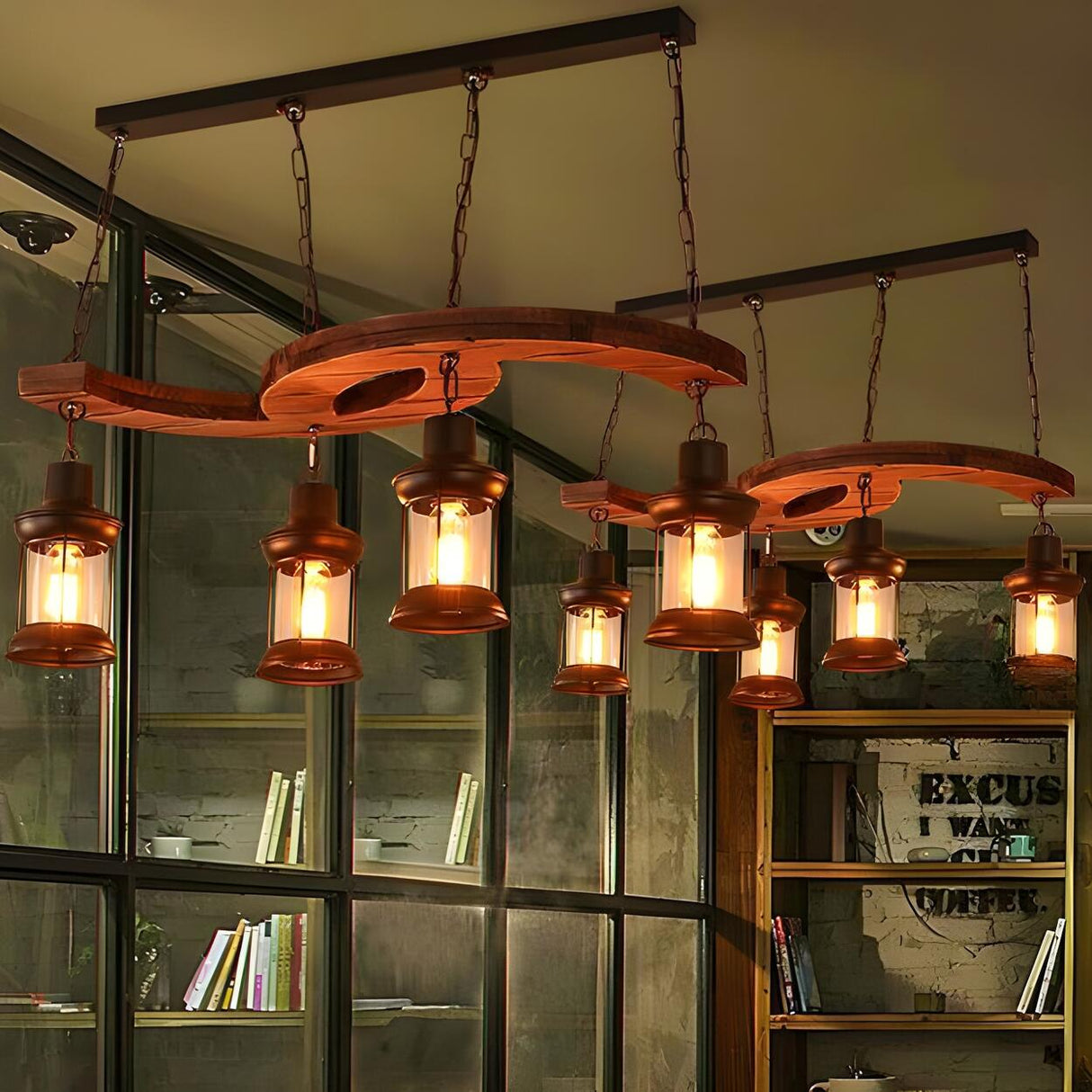 4-Light Retro Lantern Boat Wood Island Pendant Light Image - 4