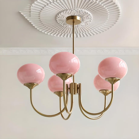 5-Light Modern Brass and Glass Globe Pink Chandelier Image - 1