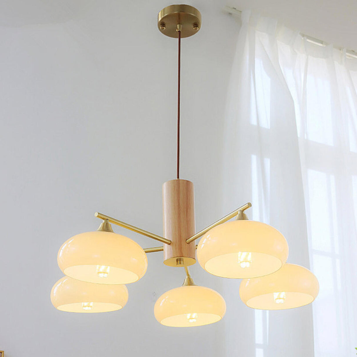 5-Light Nordic Wood LED Chandelier, Adjustable Rod Image - 6