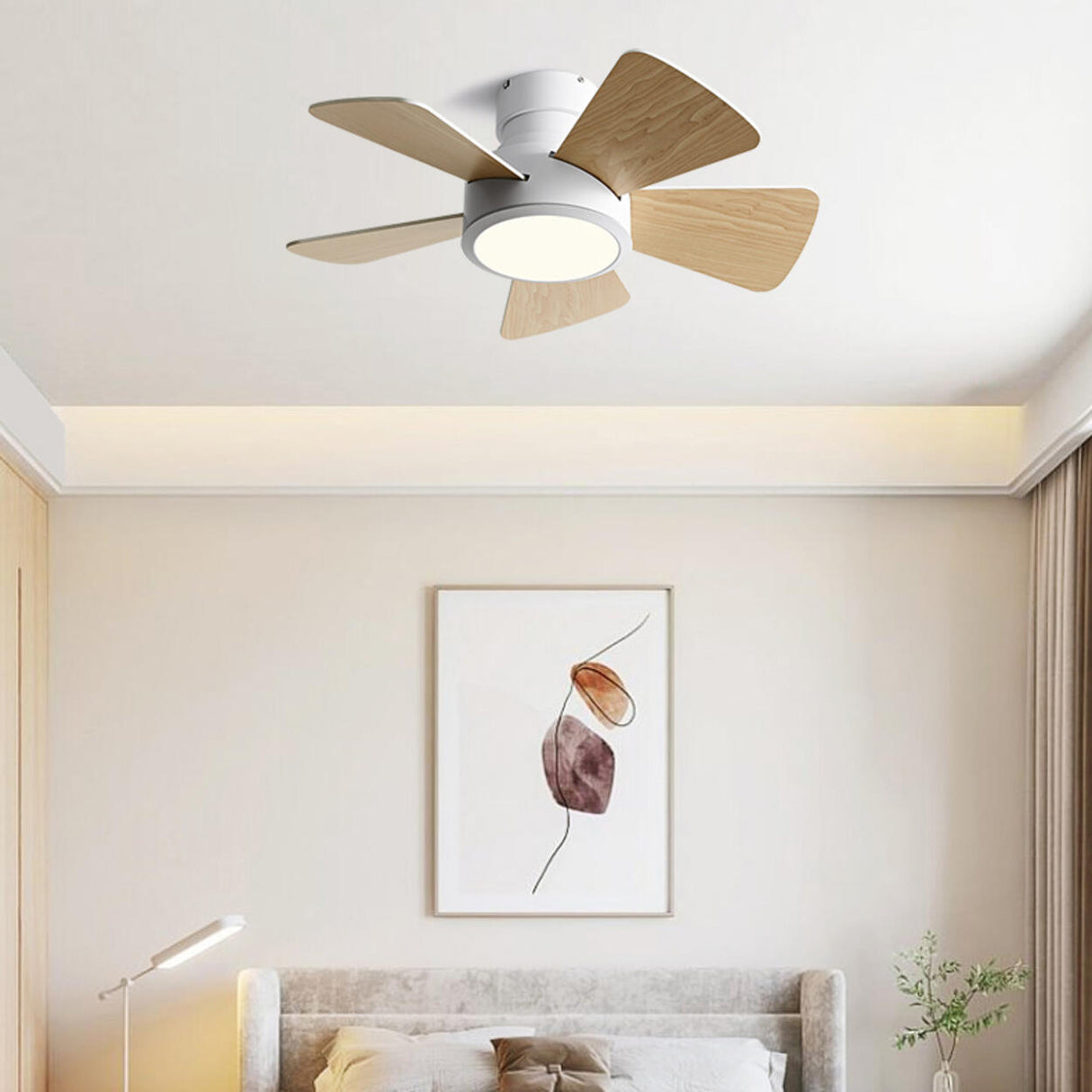 5 Solid Wood Blades Modern Ceiling Fan with LED Light Image - 4