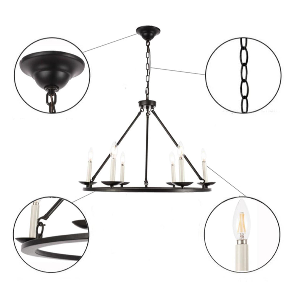 6-Light Industrial Black Round Candle Bulb Chandelier Image - 9