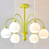 6-light Milk Glass Globe LED Green Floral Chandelier Image - 10