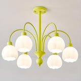 6-light Milk Glass Globe LED Green Floral Chandelier Image - 11