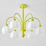 6-light Milk Glass Globe LED Green Floral Chandelier Image - 12