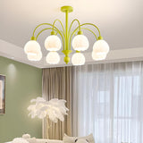 6-light Milk Glass Globe LED Green Floral Chandelier Image - 3