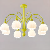 6-light Milk Glass Globe LED Green Floral Chandelier Image - 9