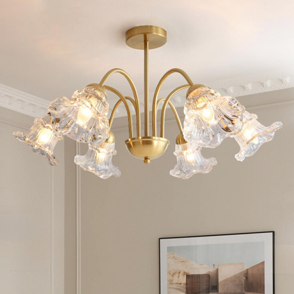 6-Light Modern Brass Floral Crystal Chandelier Image - 1