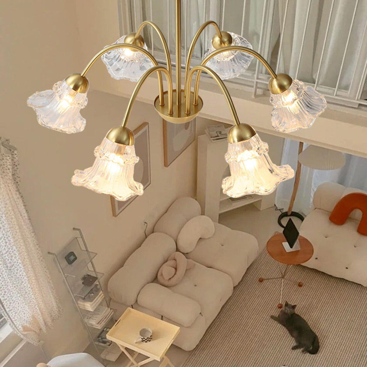 6-Light Modern Brass Floral Crystal Chandelier Image - 17