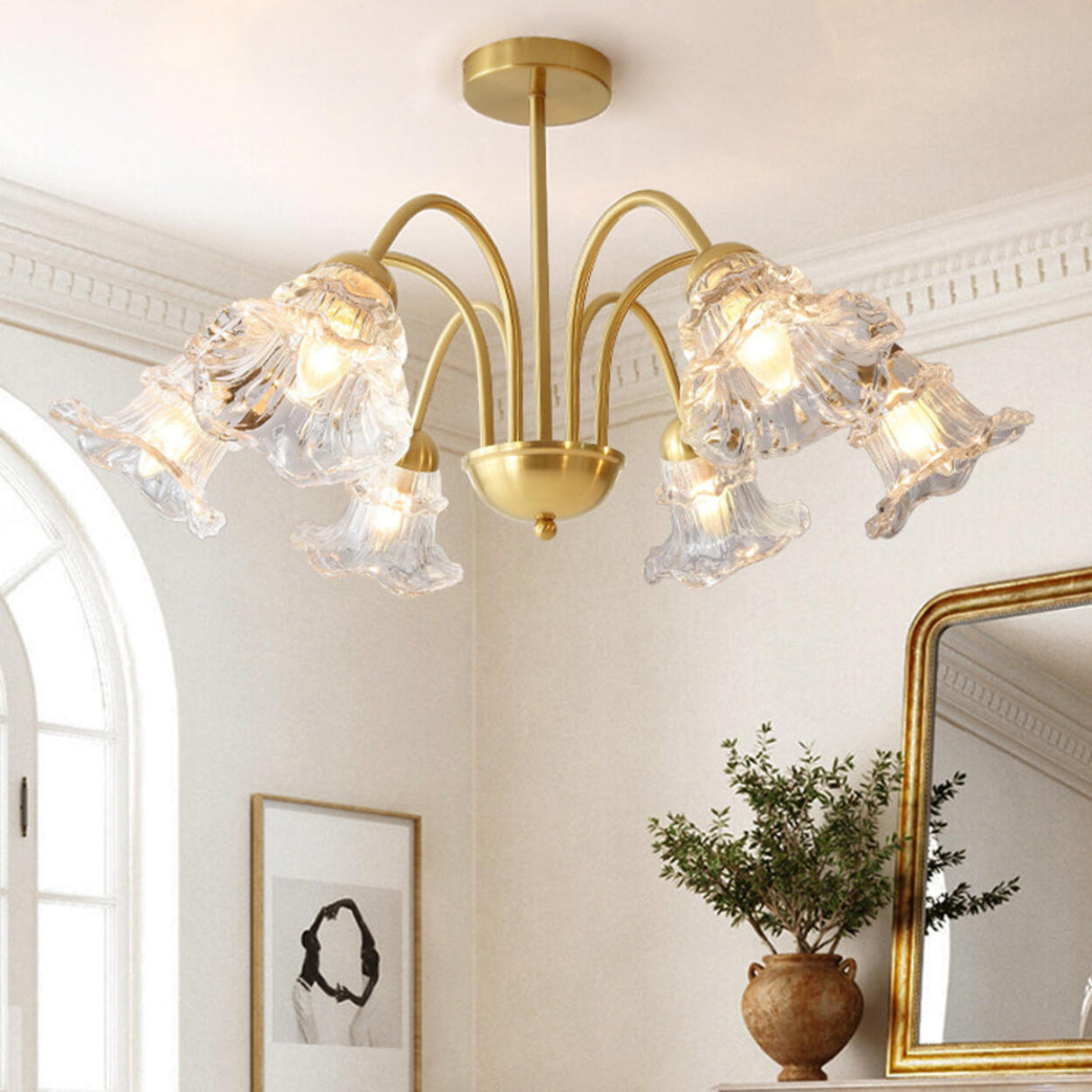 6-Light Modern Brass Floral Crystal Chandelier Image - 7