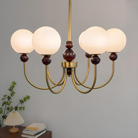 6-Light Modern Brass Wooden White Glass Globe Chandelier Image - 1