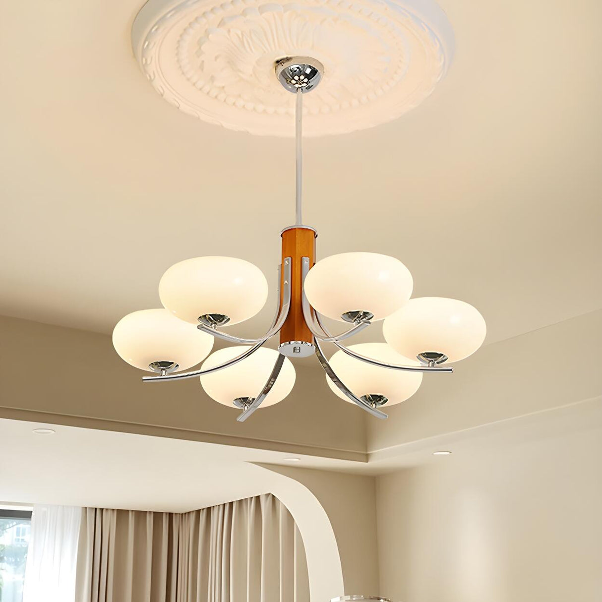 6-Light White Glass Drum Chandelier, Adjustable Height Image - 4