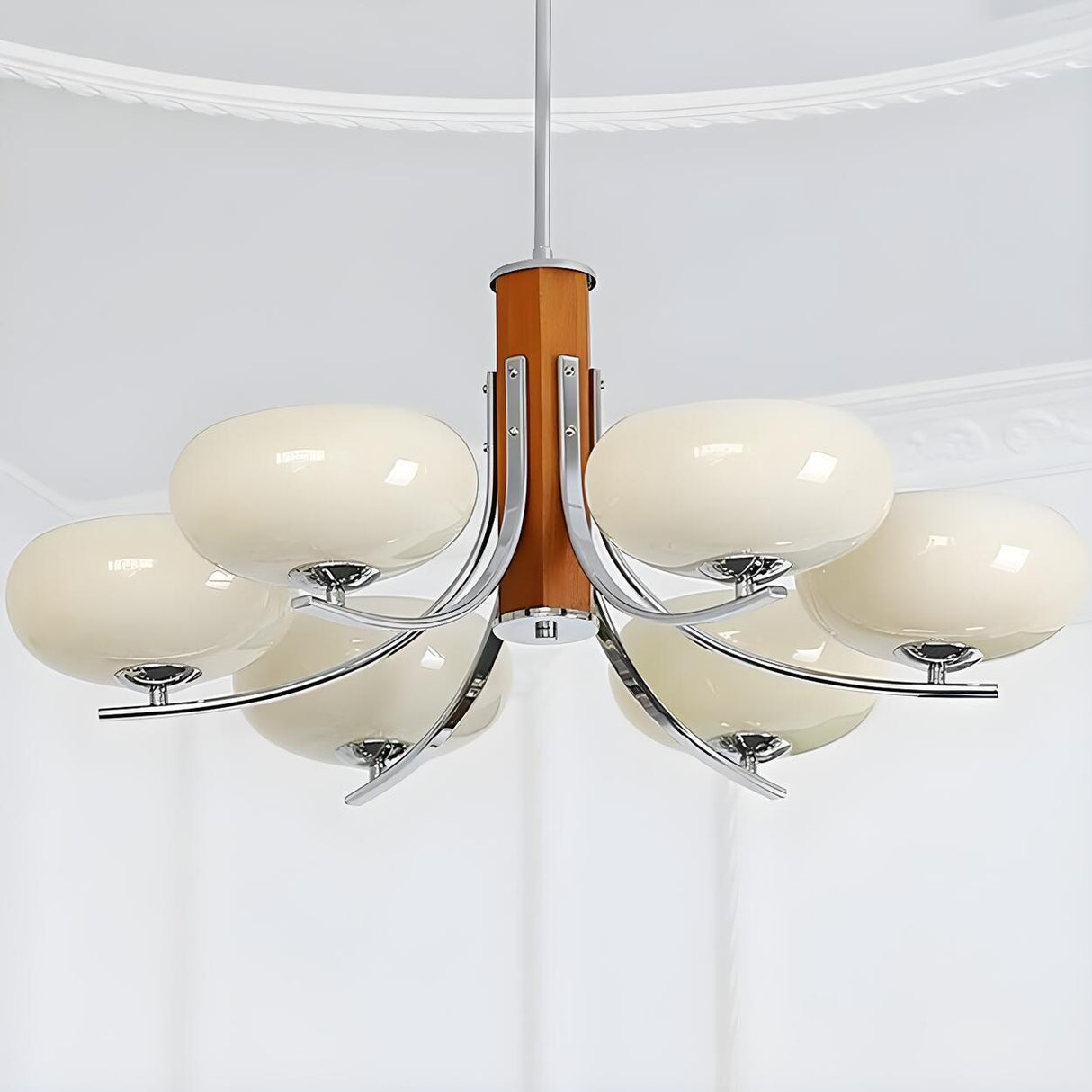 6-Light White Glass Drum Chandelier, Adjustable Height Image - 9