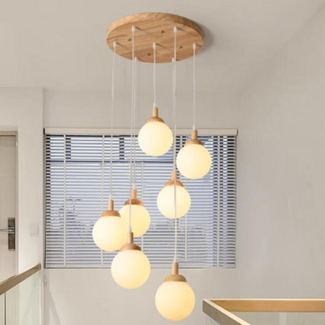 7_Light White Glass Globe Pendant Light Natural Wood Image - 1