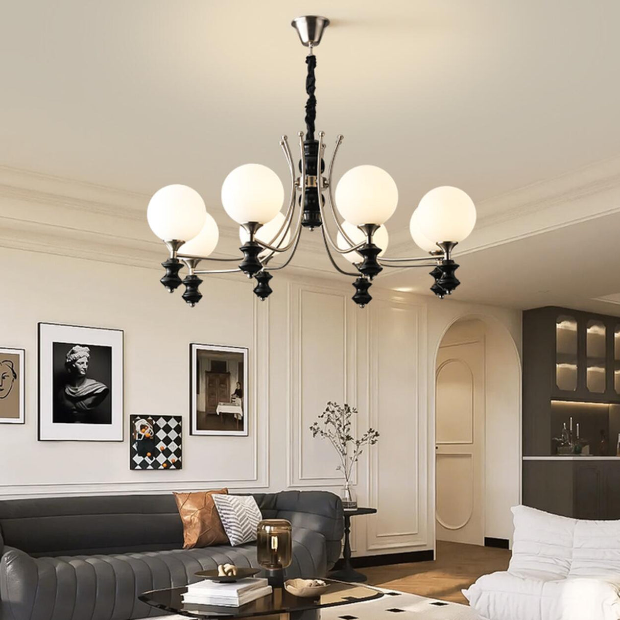 8-Light Black Metal White Glass Ball Chandelier Image - 1