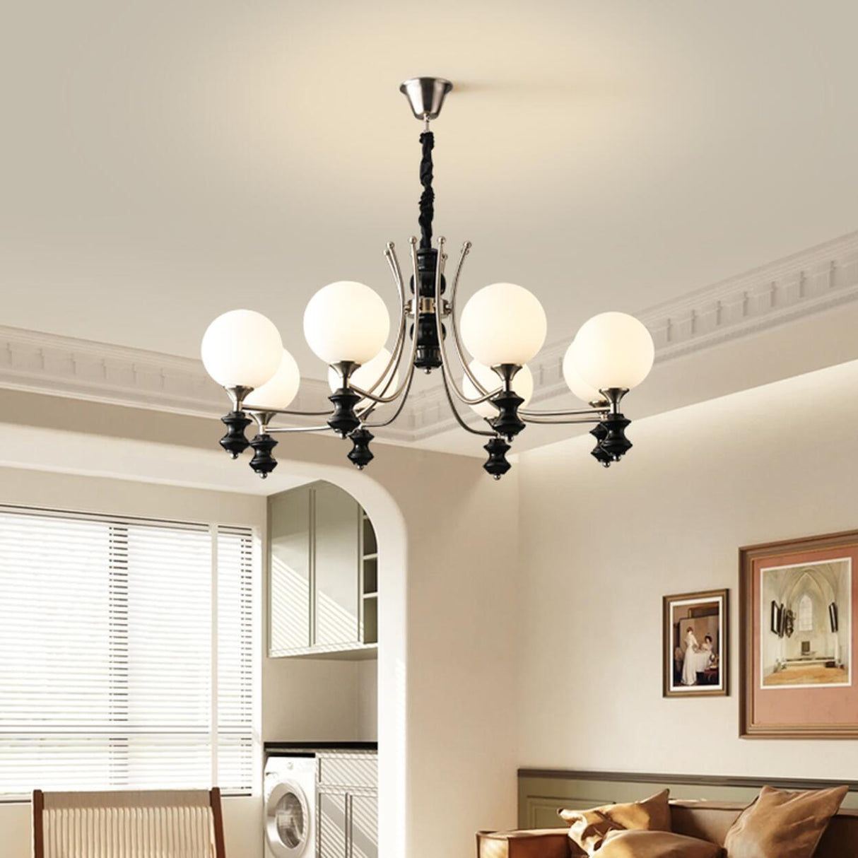 8-Light Black Metal White Glass Ball Chandelier Image - 4