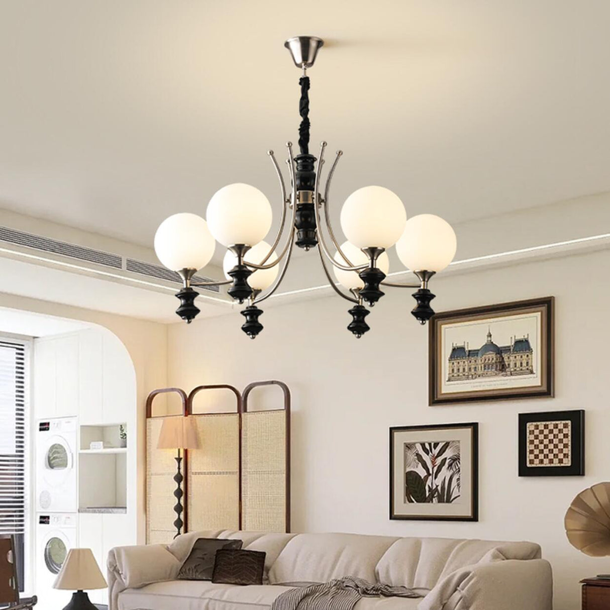 8-Light Black Metal White Glass Ball Chandelier Image - 6