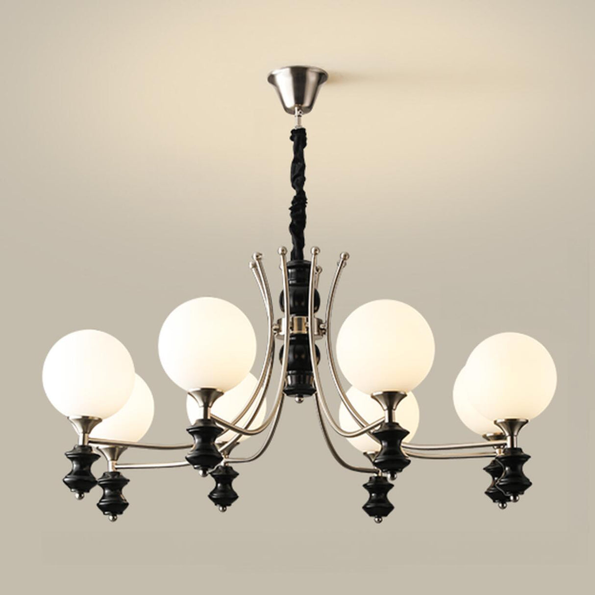 8-Light Black Metal White Glass Ball Chandelier Image - 7