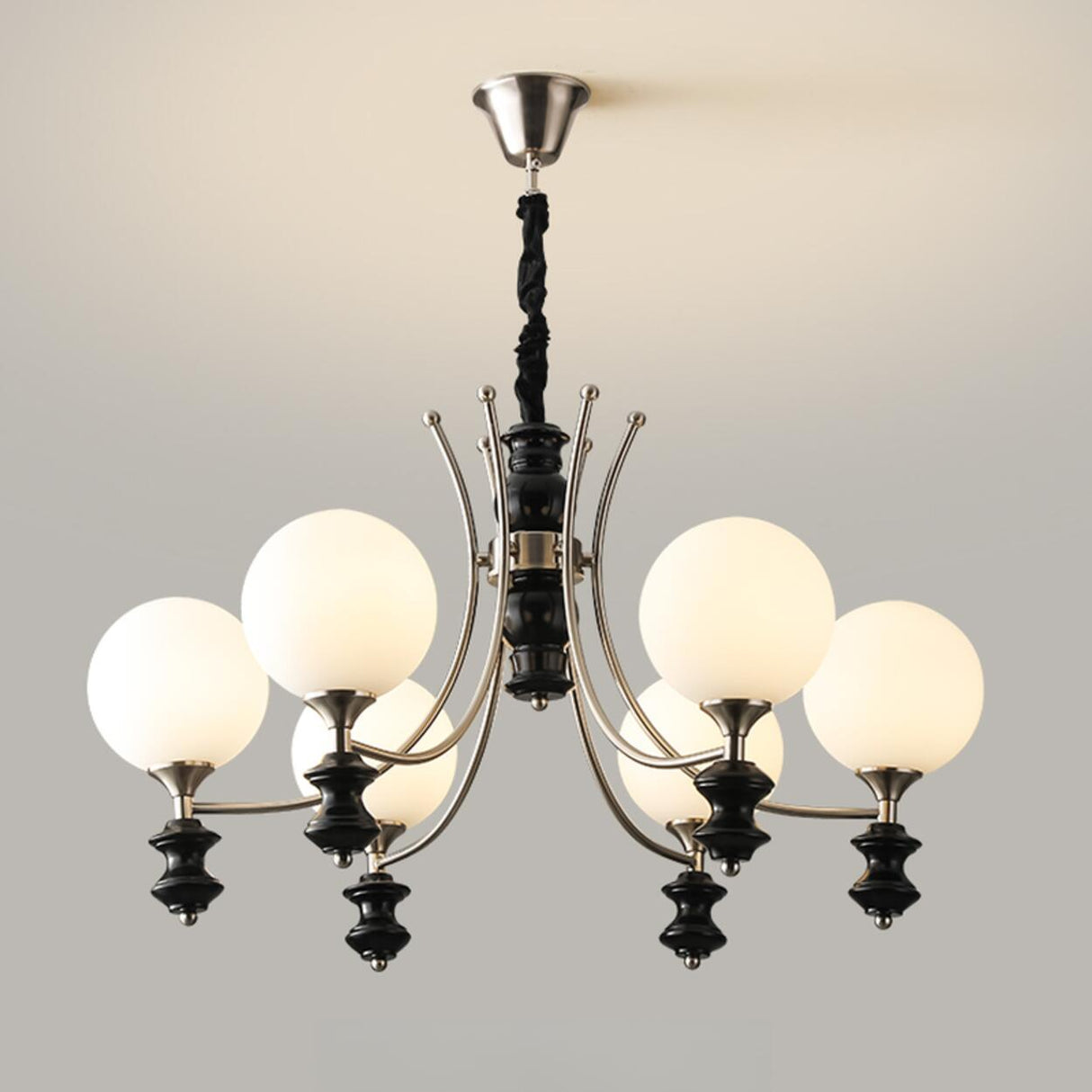 8-Light Black Metal White Glass Ball Chandelier Image - 9