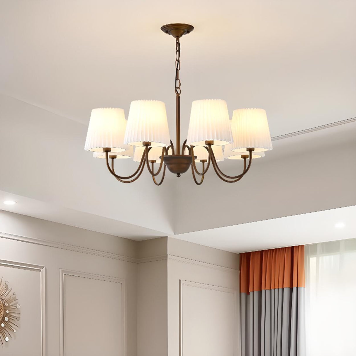 8-Light Classic Bronze White Fabric Chain Chandelier Image - 1