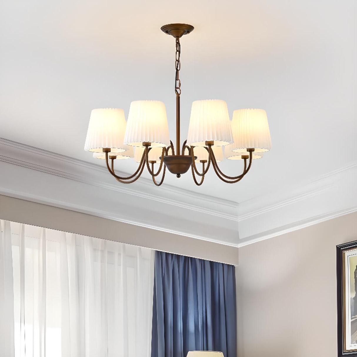 8-Light Classic Bronze White Fabric Chain Chandelier Image - 2