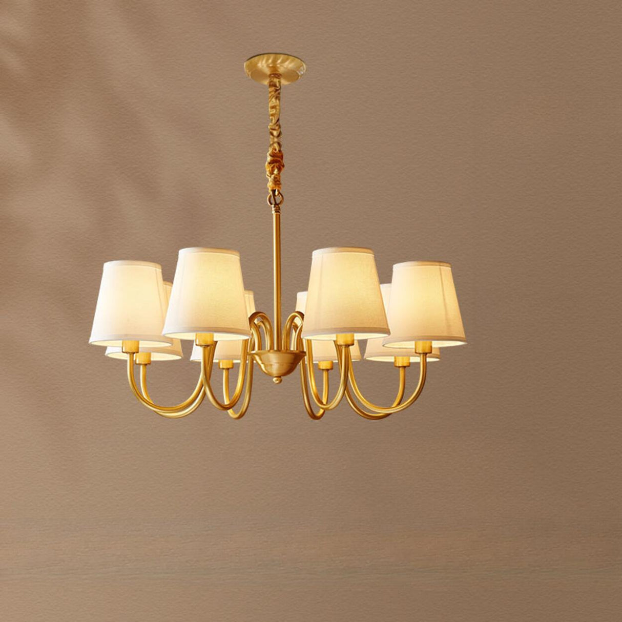 8-Light Classic Fabric Drum Gold Chain Chandelier Image - 9