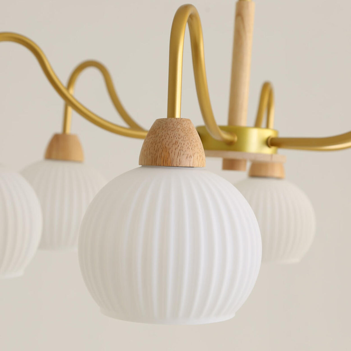 8-Light Modern Brass Wood Milk Glass Ball Chandelier Image - 12