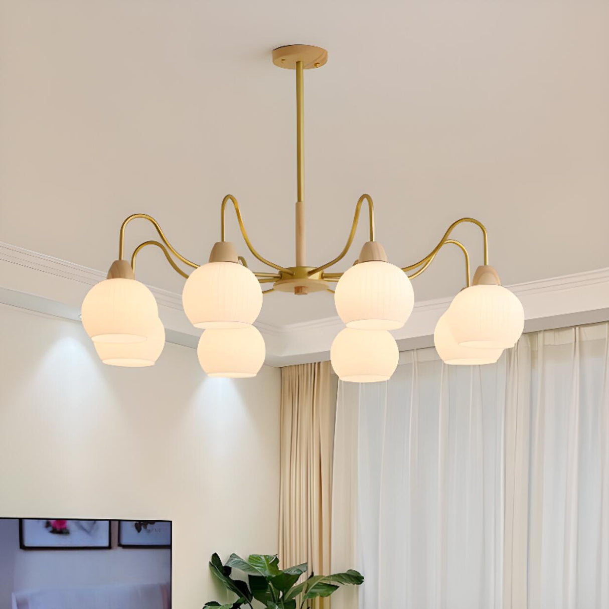 8-Light Modern Brass Wood Milk Glass Ball Chandelier Image - 15