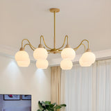 8-Light Modern Brass Wood Milk Glass Ball Chandelier Image - 15