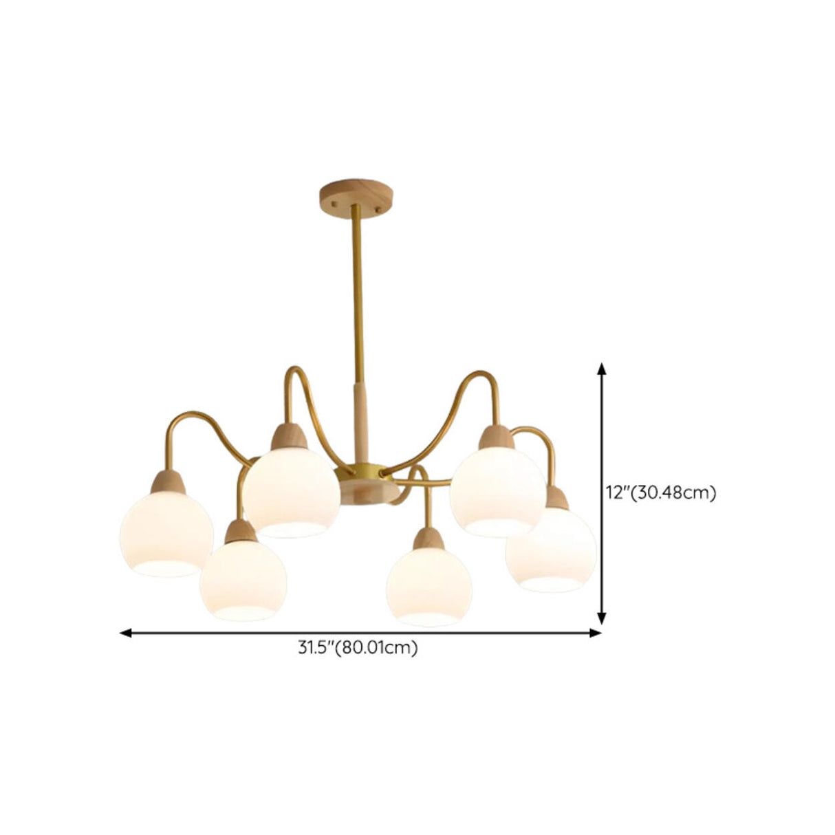 8-Light Modern Brass Wood Milk Glass Ball Chandelier Image - 17