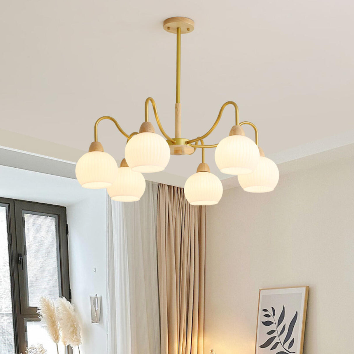 8-Light Modern Brass Wood Milk Glass Ball Chandelier Image - 2