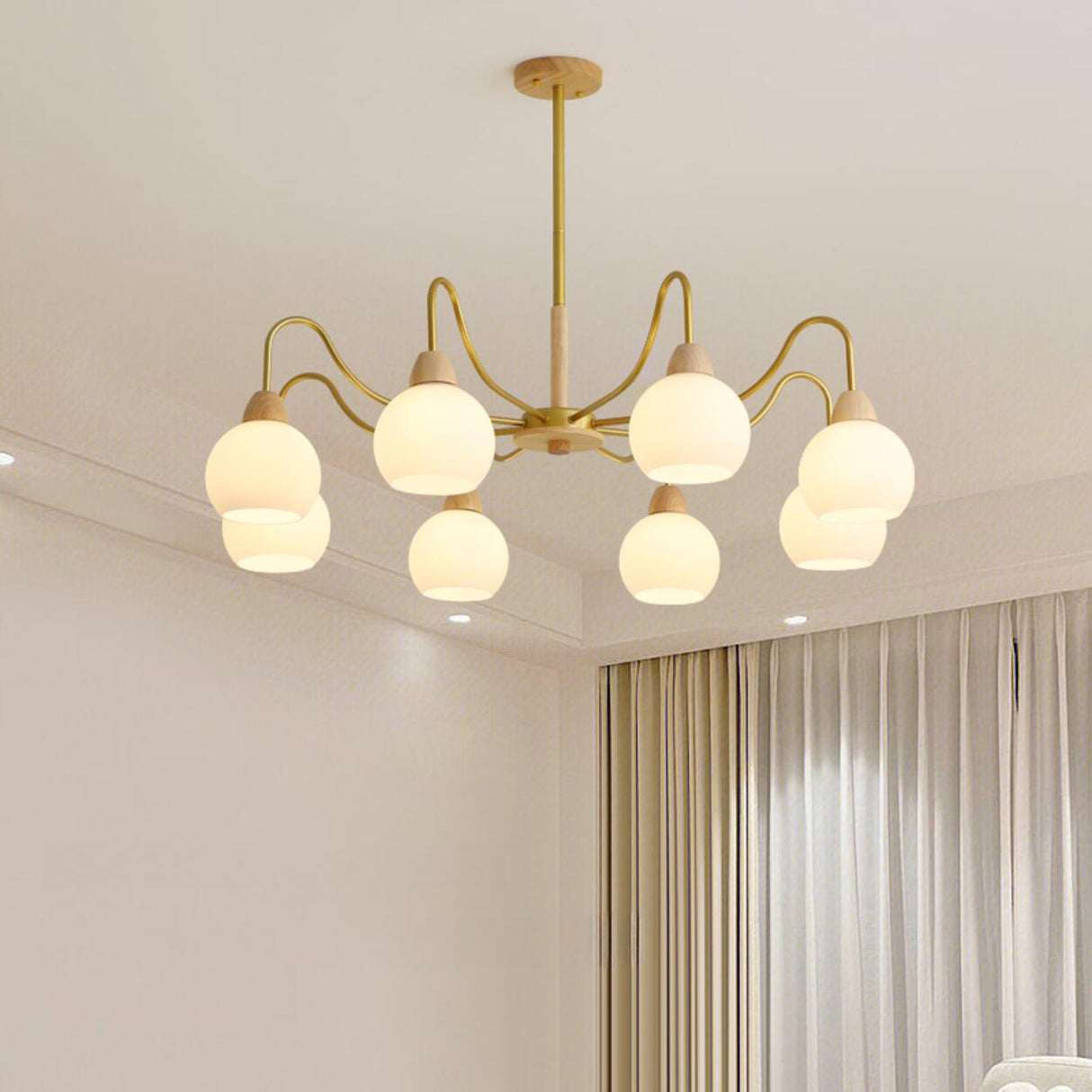 8-Light Modern Brass Wood Milk Glass Ball Chandelier Image - 4