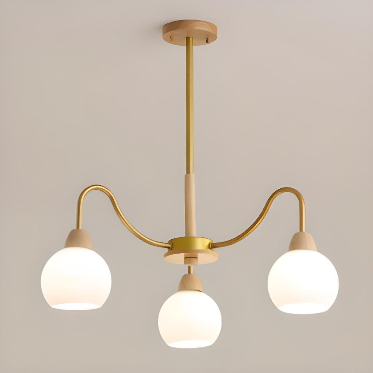 8-Light Modern Brass Wood Milk Glass Ball Chandelier Image - 5