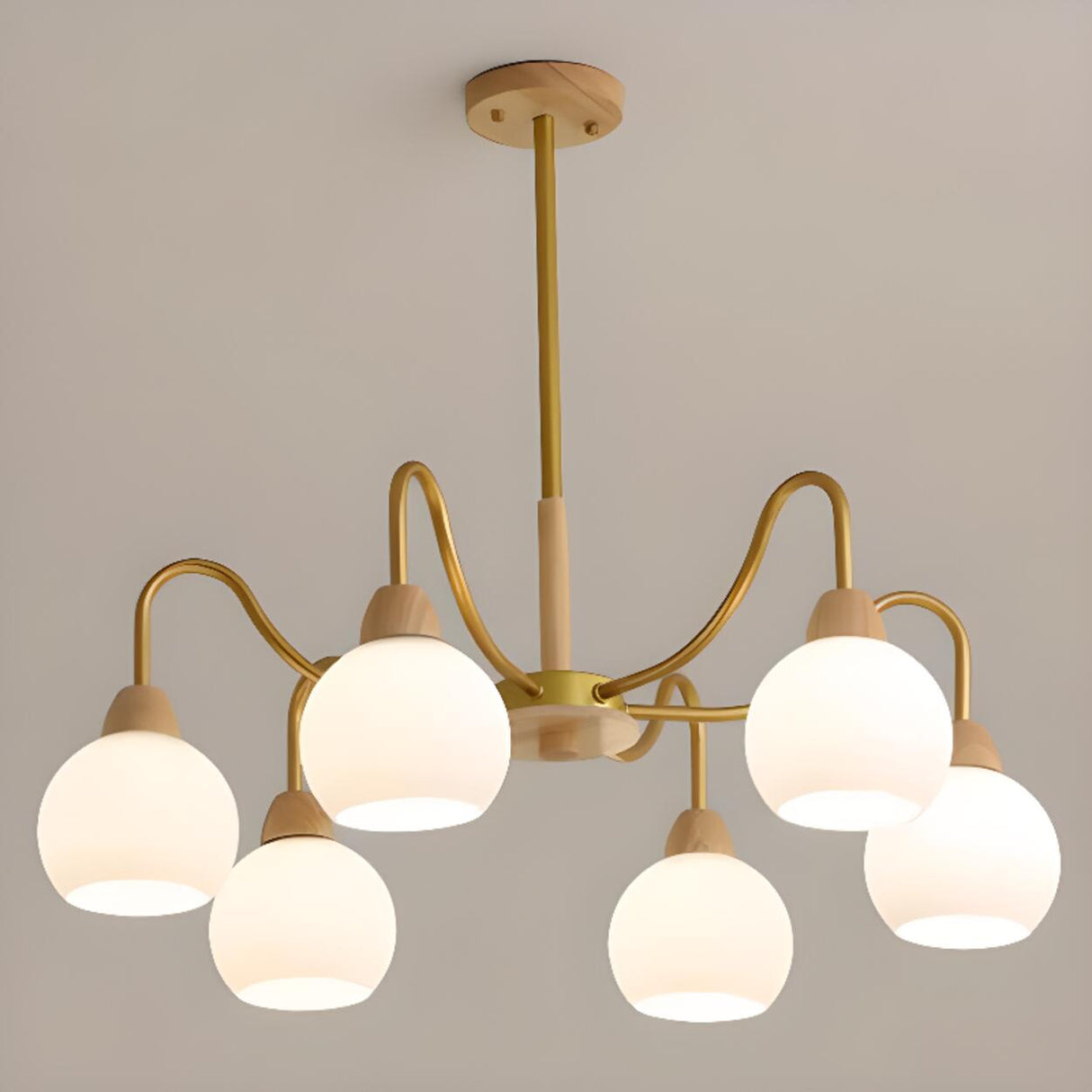 8-Light Modern Brass Wood Milk Glass Ball Chandelier Image - 6