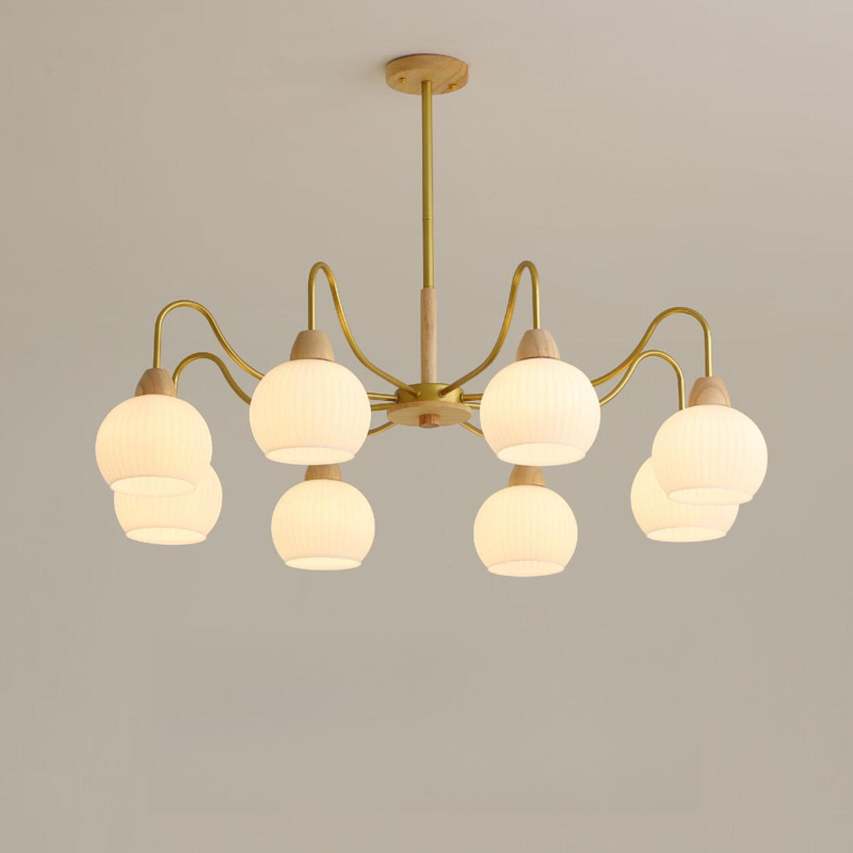 8-Light Modern Brass Wood Milk Glass Ball Chandelier Image - 7