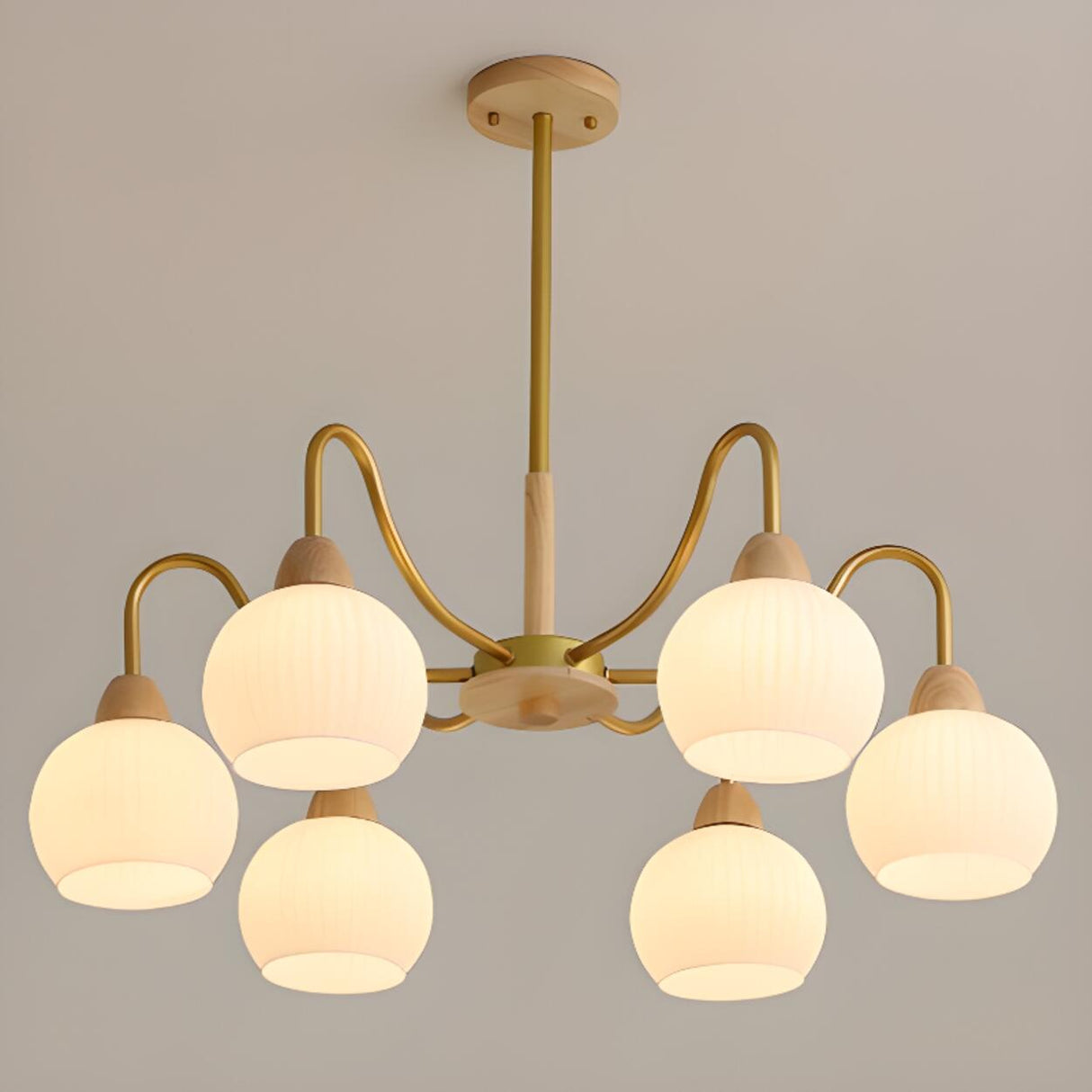 8-Light Modern Brass Wood Milk Glass Ball Chandelier Image - 8