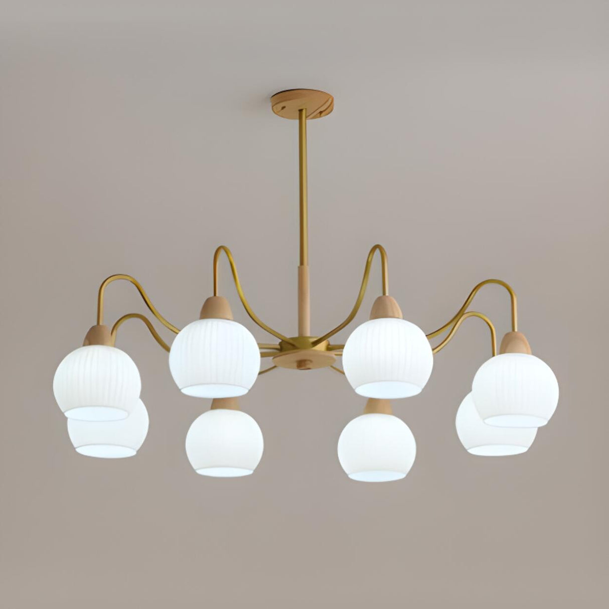 8-Light Modern Brass Wood Milk Glass Ball Chandelier Image - 9