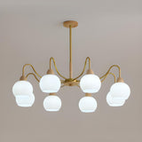 8-Light Modern Brass Wood Milk Glass Ball Chandelier Image - 9