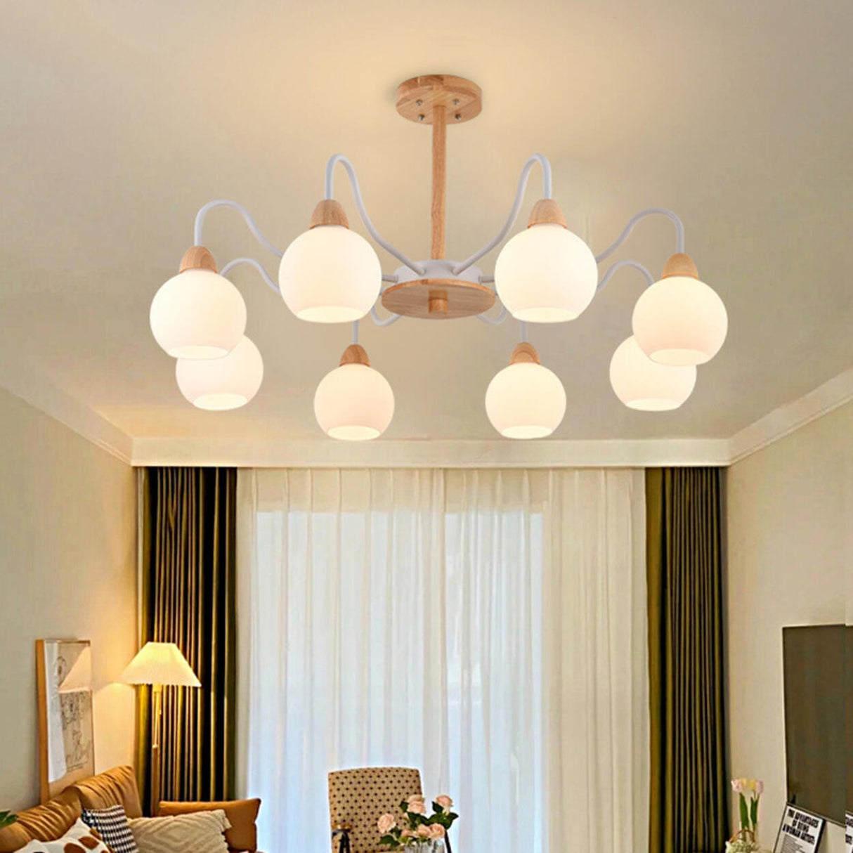 8-Light Modern Wooden Milk Glass Ball Chandelier  Image - 1