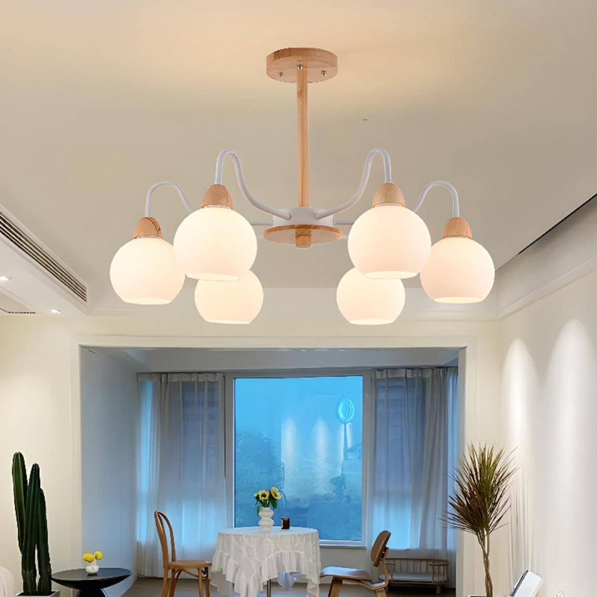 8-Light Modern Wooden Milk Glass Ball Chandelier  Image - 3