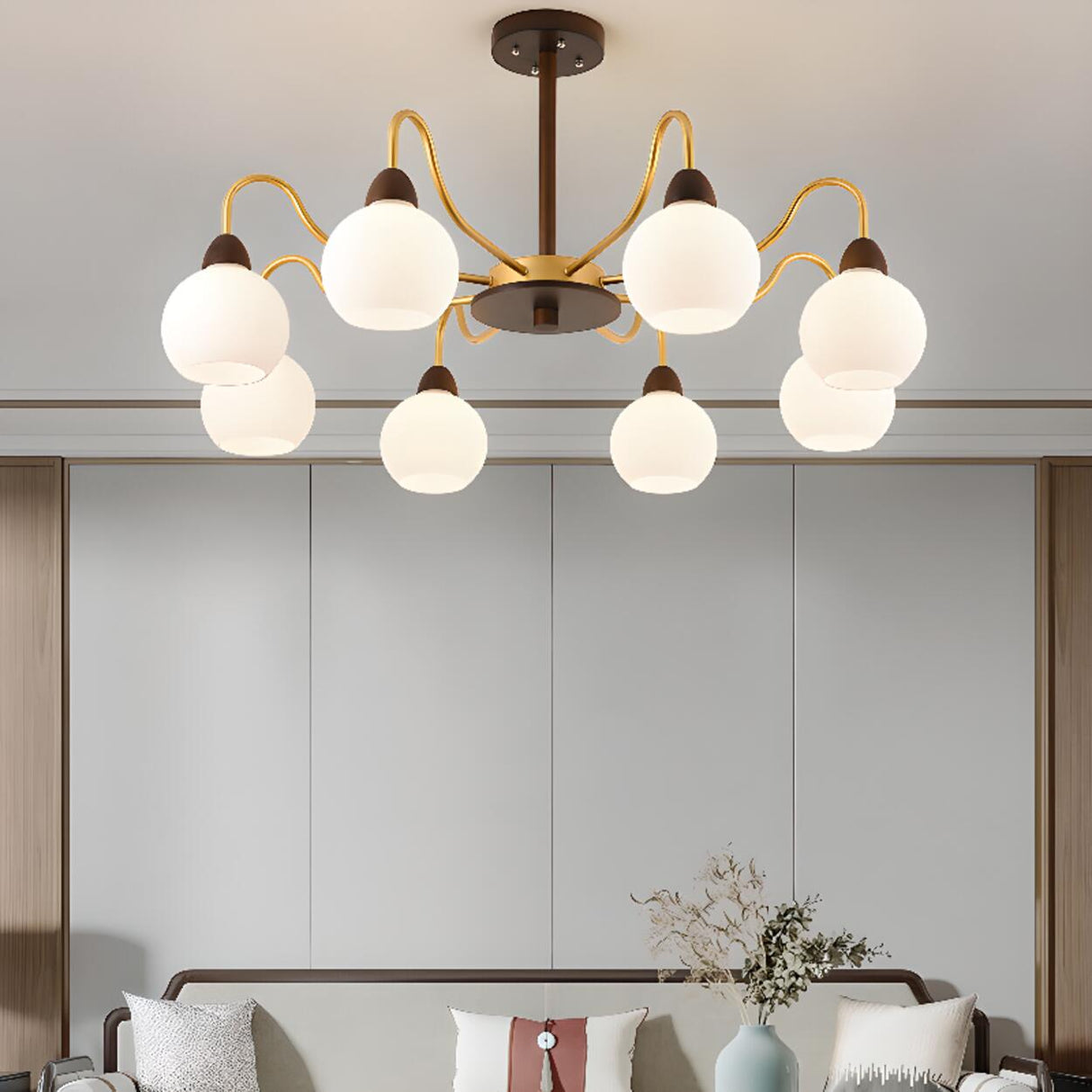 8-Light Modern Wooden Milk Glass Ball Chandelier  Image - 4