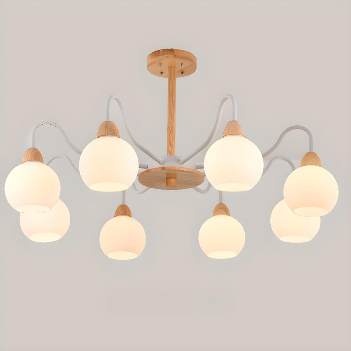 8-Light Modern Wooden Milk Glass Ball Chandelier  Image - 8